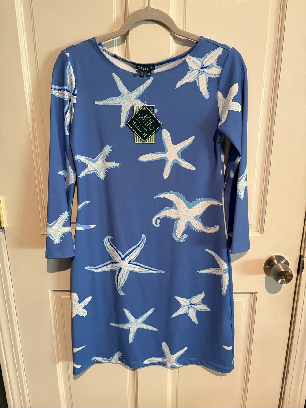 Melly M Blue Starfish Print Long Sleeve Shift Dress, NWT, Size XS